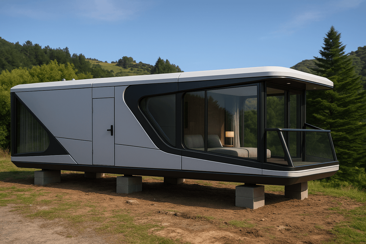 Casa prefabricada iluminada al atardecer